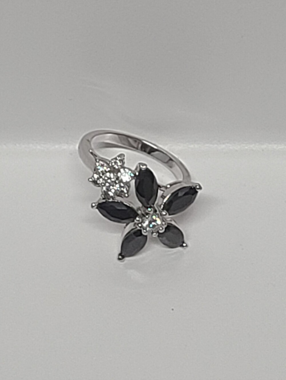 Silver Tone Double Flower Ring Black Marquise Stone & CZ Floral Accent Size 8